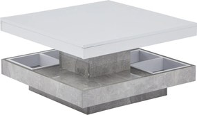 Măsuță de cafea lucioasă, rotativă la 360°, cu blat pe 2 niveluri și compartiment de depozitare, 70x70x36 cm, Alb