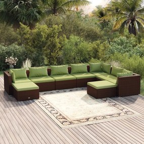 Set mobilier de gradina cu perne, 9 piese, maro, poliratan maro si verde, 3x colt + 4x mijloc + 2x suport pentru picioare, 1