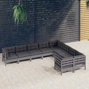 3096985 vidaXL Set mobilier de grădină cu perne, 9 piese, gri, lemn de pin