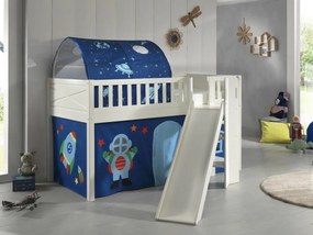 Pat ridicat pentru copii SCOTT, alb, 90 x 200 cm, din pin scandinav și MDF, cu scară frontală, tobogan, perdea de joacă și tunel ASTRO – Vipack