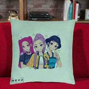 Perna Personalizata K-pop HUNTRX Trio Anime Stele, 40x40 cm, Verde Menta, Husa Detasabila, Perna Inclusa, BEKZ®