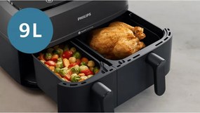 Friteuza dubla cu aer cald Philips NA351/00, 2750 W, 6+3 l, 80-200°C, 1,5 kg, 8 programe, Ecran tactil, Copiere si sincronizare, Negru/Argintiu