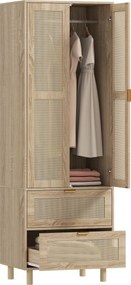 HOMCOM Dulap de dormitor cu 2 uși din ratan, 2 sertare și bară de agățat, 63 x 47 x 185 cm, lemn natural | Aosom Romania