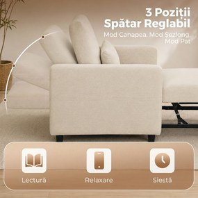HOMCOM Fotoliu Extensibil 3 în 1 Pliabil cu Spătar Reglabil, Material cu Aspect de In, 78 x 94,5 x 83 cm, Alb Crem | Aosom Romania