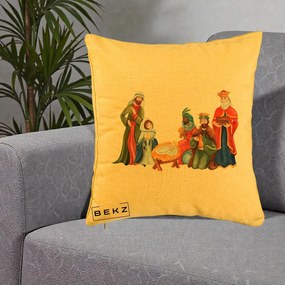 Perna Decorativa Nasterea Domnului Cei Trei Magi Acuarela, 40x40 cm, Galben, Husa Detasabila, Perna Inclusa, BEKZ®