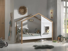 Pat Căsuță pentru Copii, 90x200 cm, Alb/Natural (Pin Masiv și MDF) – Babs – Vipack