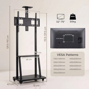 HOMCOM Suport Mobil pentru Televizor de 32-75 Inci, VESA Maxim 400x600, Negru | Aosom Romania
