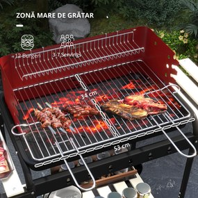 Outsunny Grătar cu Cărbuni, Roți si Grilaj cu Înălțime Reglabilă, 3 Rafturi și Tavă pentru Cenușă, 103x47x95 cm, Roșu | Aosom Romania