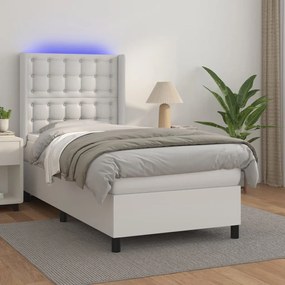 3139356 vidaXL Pat cu arcuri, saltea și LED, alb, 90x190 cm, piele ecologică