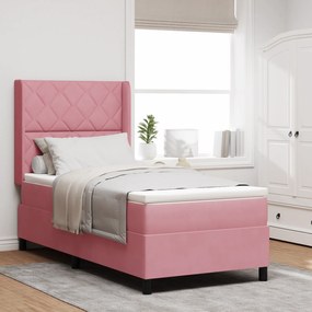 vidaXL Pat box spring cu saltea, roz, 90x190 cm, catifea
