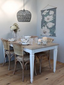 Scaun dining împletit vintage din lemn de hevea și ratan, bej, cu spătar curbat și arcuri din lemn sub șezut, finisaj patinat, 88 x 40 x 45 cm