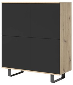 Comoda moderna cu 4 usi , pentru living ,dormitor, deschidere push open, rafturi, stejar  negru , picioare negre moderne,  ,100 x114x40 cm , Bortis