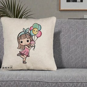Perna Decorativa Fetita Kawaii cu Baloane si Cupcake, 40x40 cm, Bej Canapea, Husa Detasabila, Perna Inclusa, BEKZ®