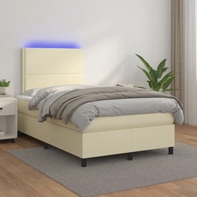 3135875 vidaXL Pat cu arcuri, saltea și LED, crem, 120x200 cm, piele ecologică
