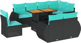 vidaXL Set mobilier de grădină cu perne, 9 piese, negru, poliratan