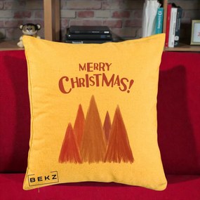 Perna Decorativa Merry Christmas Brazi Roz, 40x40 cm, Galben, Husa Detasabila, Perna Inclusa, BEKZ®