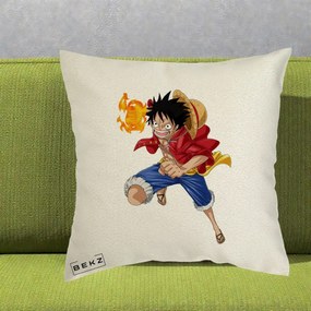 Perna Personalizata One Piece Luffy Gear Second Foc, 40x40 cm, Ecru, Husa Detasabila, Perna Inclusa, BEKZ®
