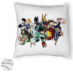 Perna Decorativa Fluffy cu My Hero Academia Characters, 40x40 cm, Alba, Husa Detasabila, Burduf