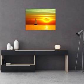 Tablou pe sticlă cu apus de soare și iaht (70x50 cm)