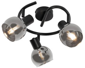 Plafonieră Art Deco neagră cu sticlă fumurie cu 3 lumini rotundă - Vidro
