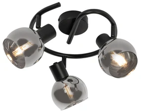 Plafonieră Art Deco neagră cu sticlă fumurie cu 3 lumini rotundă - Vidro