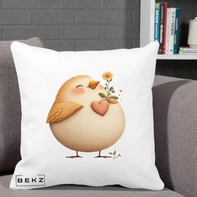 Perna Decorativa Pui cu Inima si Floarea-Soarelui, 40x40 cm, Alba Mata, Husa Detasabila, Perna Inclusa, BEKZ®