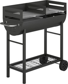 Outsunny Grătar pe cărbune cărucior cu 2 zone de gătit grilă reglabilă pe înălțime raft pentru lemne roți mâner lateral, 103 x 46,5 x 100cm | Aosom Romania