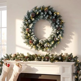 HOMCOM Coroniță de Crăciun 60 cm cu lumini LED, 8 moduri, 140 ramuri, conuri de pin, verde | Aosom Romania