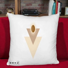Perna Decorativa Boho Sun cu Triunghiuri Bej si Oval Solar, 40x40 cm, Alb Pufos, Husa Detasabila, Perna Inclusa, BEKZ®