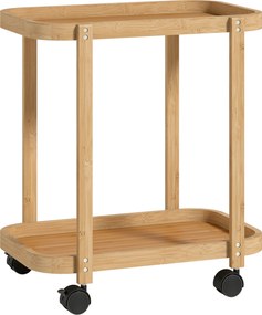 HOMCOM Cărucior de bucătărie din bambus 2 niveluri Cărucior auxiliar pentru bucătărie cu roți 2 rafturi 54x36,5x60 cm Natural | Aosom Romania
