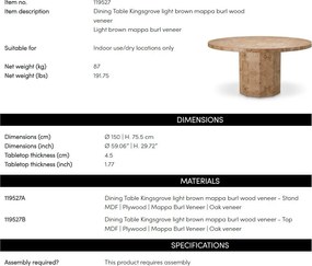 Masa rotunda LUX, Furnir Burl Mappa, Kingsgrove 150cm