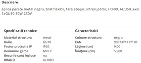Aplica minimalista cu brat flexibil si Spot MILLY negru