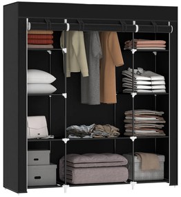 HOMCOM Dulap de depozitare penderie din material textil pliabil cu bara de suspendare si rafturi, 150 x 43 x 162,5 cm, negru | Aosom Romania