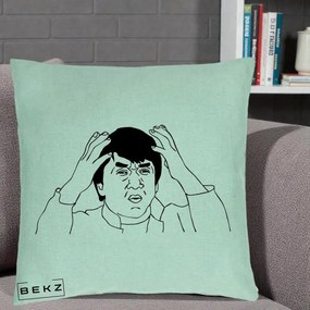 Perna Decorativa Jackie Chan WTF, 40x40 cm, Verde Menta, Husa Detasabila, Perna Inclusa, BEKZ®