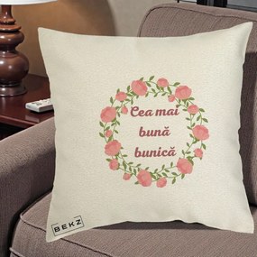 Cadou pentru Bunica - Perna Personalizata Cea Mai Buna Bunica Coronita Trandafiri Roz Clasic, 40x40 cm, Ecru, Husa Detasabila, Perna Inclusa, BEKZ®