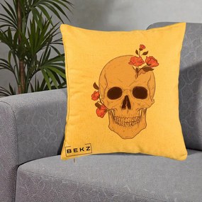 Perna Decorativa Craniu Floral Gothic, 40x40 cm, Galben, Husa Detasabila, Perna Inclusa, BEKZ®