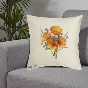 Perna Decorativa Maci Portocalii cu Floricele Albastre, 40x40 cm, Ecru, Husa Detasabila, Perna Inclusa, BEKZ®