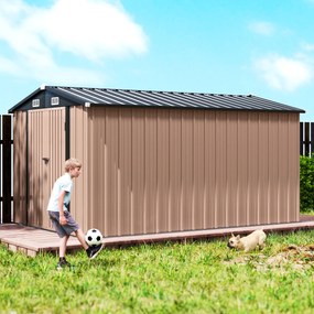 Outsunny Magazie de Grădină din Metal 364 x 238 cm cu 4 Grile de Ventilație și Uși Duble cu Încuietoare, Maro | Aosom Romania