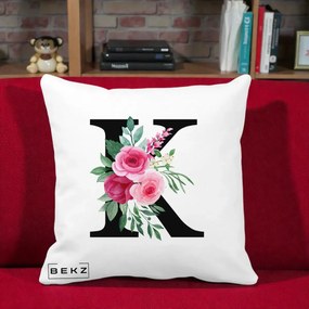 Cadou Personalizat - Perna Personalizata Monograma Florala Litera K, 40x40 cm, Alba Mata, Husa Detasabila, Perna Inclusa, BEKZ®