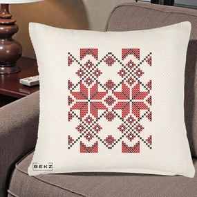 Perna Personalizata Motiv Traditional Cusatura Rosu-Negru, 40x40 cm, Crem Reliefat, Husa Detasabila, Perna Inclusa, BEKZ®