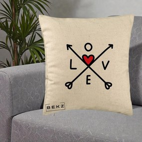 Perna Decorativa Love cu Sageti Incrucisate si Inima Rosie, 40x40 cm, Bej, Husa Detasabila, Perna Inclusa, BEKZ®