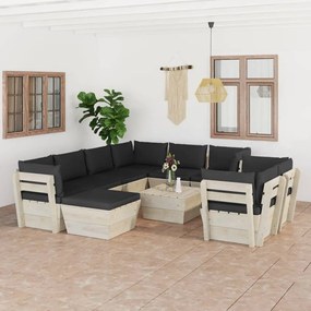 Set mobilier gradina din paleti cu perne, 10 piese, lemn molid Negru, 5x colt + 3x mijloc + masa + suport pentru picioare, 1