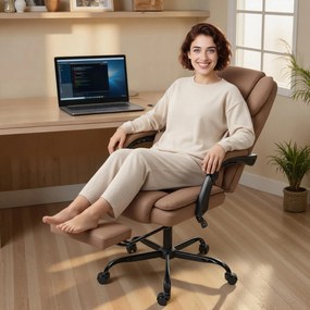Scaun de birou ergonomic HOMCOM reclinabil 140° cu reposapiede și pernă, scaun de birou din piele ecologică anti-zgârieturi, ușor de curățat, brațe îmbunătățite, pivotant și reglabil pe înălțime, maro | Aosom Romania
