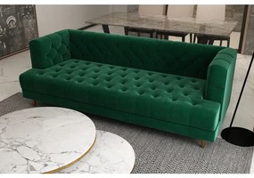 CANAPEA CATIFEA LUX CHESTERFIELD, 210X88X75 CM, CULOARE VERDE SMARALD, SEZUT SPUMA, CADRU LEMN, PICIOARE METAL AURIU