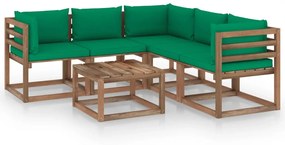 Set mobilier gradina, perne verzi, 6 piese, lemn pin tratat Verde, 3x colt + 2x mijloc + masa, 1