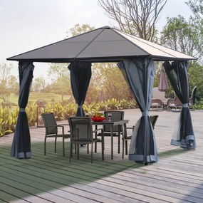 Outsunny Pavilion cu acoperiș din policarbonat, perdele cu plasă de insecte, structură de aluminiu, gri închis, 3 x 3 m | Aosom Romania
