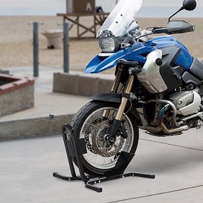 HOMCOM Suport pentru Motocicletă Reglabil pe 3 Nivele, Sistem de Blocare Roți Motocicletă în Metal cu Găuri, 60x55x43 cm, Negru