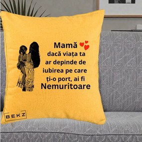 Cadou pentru Mama - Perna Personalizata Mama Nemuritoare Imbratisare, 40x40 cm, Galben, Husa Detasabila, Perna Inclusa, BEKZ®