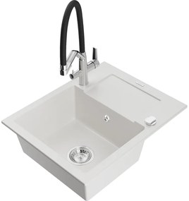 Mexen Enzo chiuvetă de granit cu un compartiment, cu picurător și baterie de bucătărie Duo, Albă - 6506-20-671701-07
