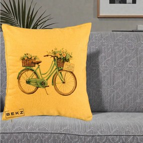 Perna Decorativa Bicicleta Teal cu Cosuri Duble de Flori Vintage, 40x40 cm, Galben, Husa Detasabila, Perna Inclusa, BEKZ®